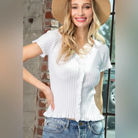 Lettuce Trim Ribbed Pearl Button Down Blouse - eesome - Picture 3 of 5